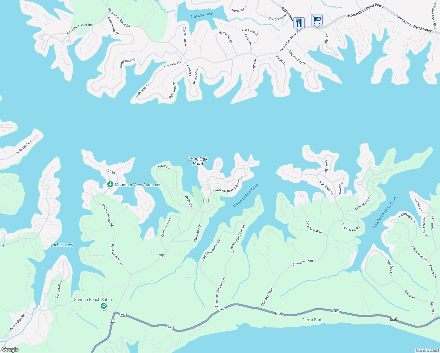 map of restaurants, bars, coffee shops, grocery stores, and more near Round About Drive in Sunrise Beach