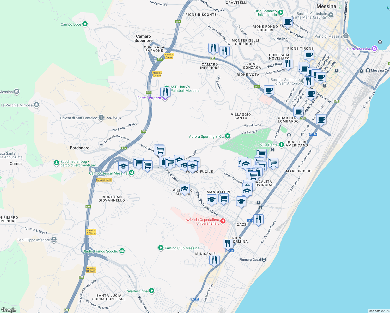 map of restaurants, bars, coffee shops, grocery stores, and more near 78 Via Comunale Santo in Messina