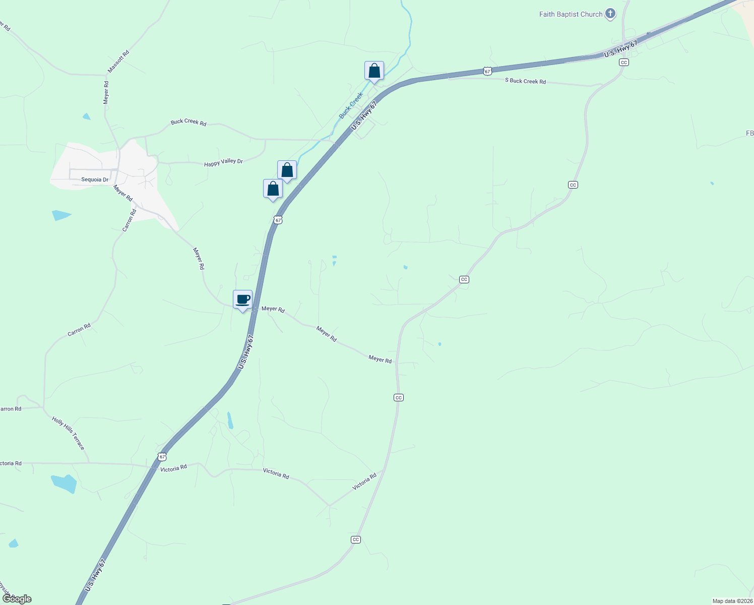 map of restaurants, bars, coffee shops, grocery stores, and more near 2667 Frederick Road in Festus