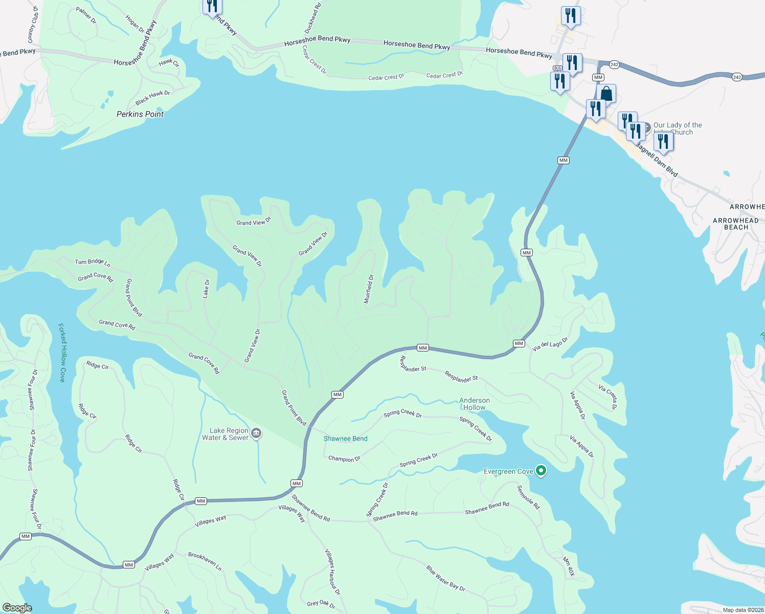 map of restaurants, bars, coffee shops, grocery stores, and more near Muirfield Drive in Sunrise Beach