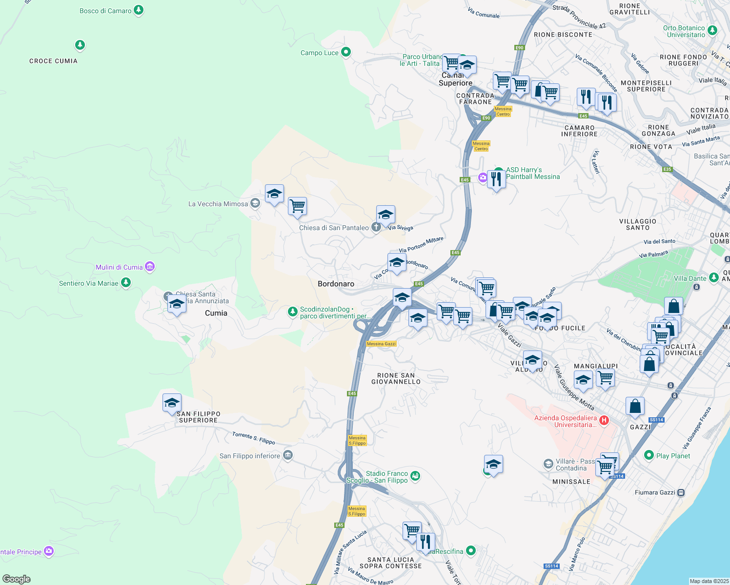 map of restaurants, bars, coffee shops, grocery stores, and more near 13 Viale Antonino Bertuccio in Messina