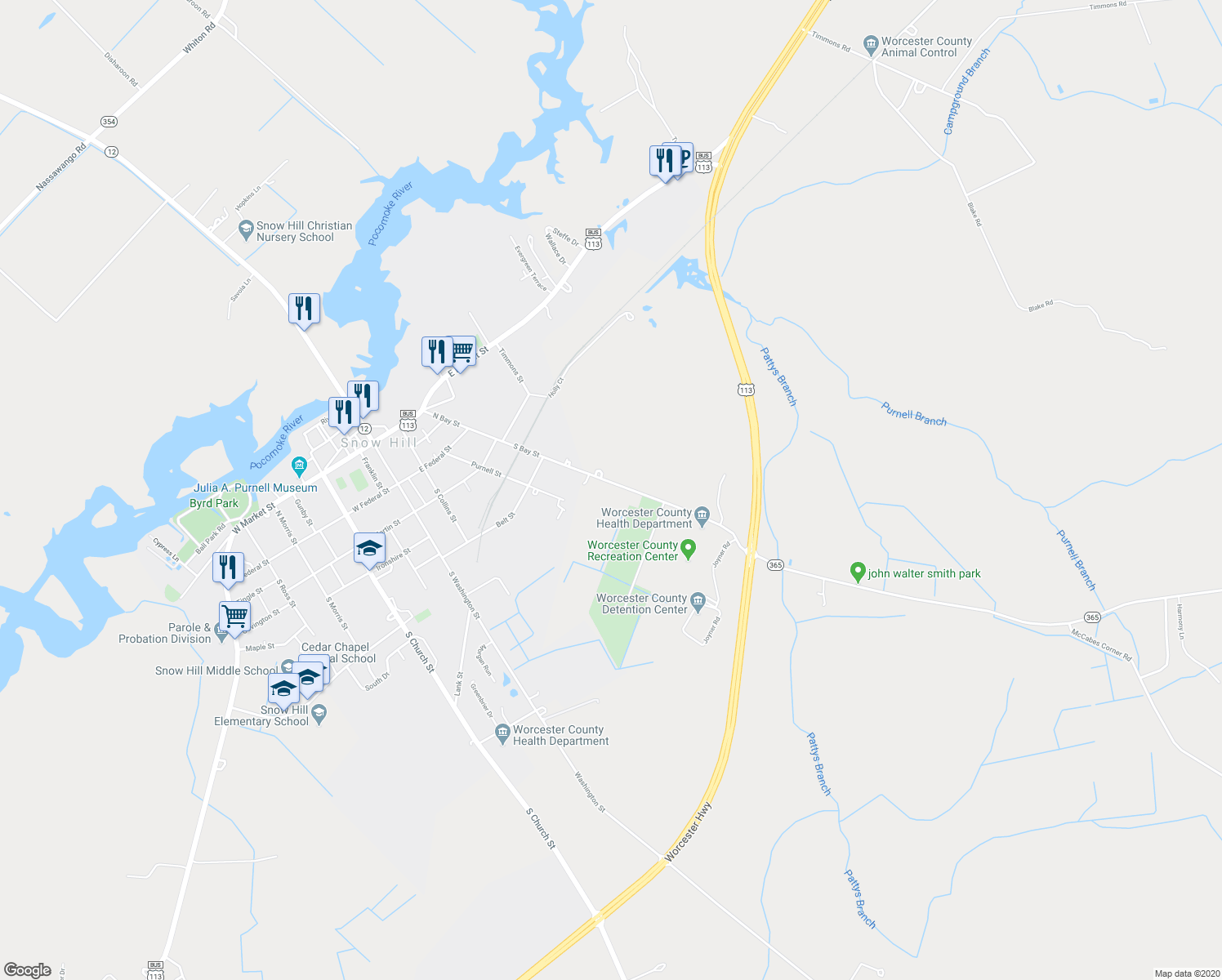 map of restaurants, bars, coffee shops, grocery stores, and more near 6004 Public Landing Road in Snow Hill
