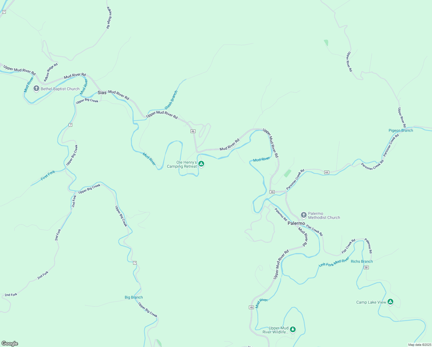 map of restaurants, bars, coffee shops, grocery stores, and more near Ole Henrys Lane in Branchland