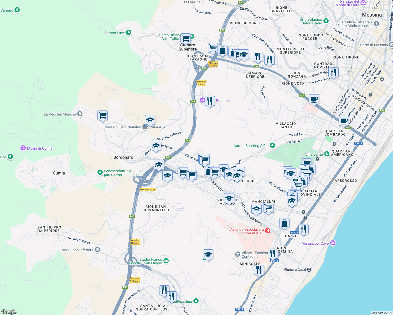 map of restaurants, bars, coffee shops, grocery stores, and more near in Messina