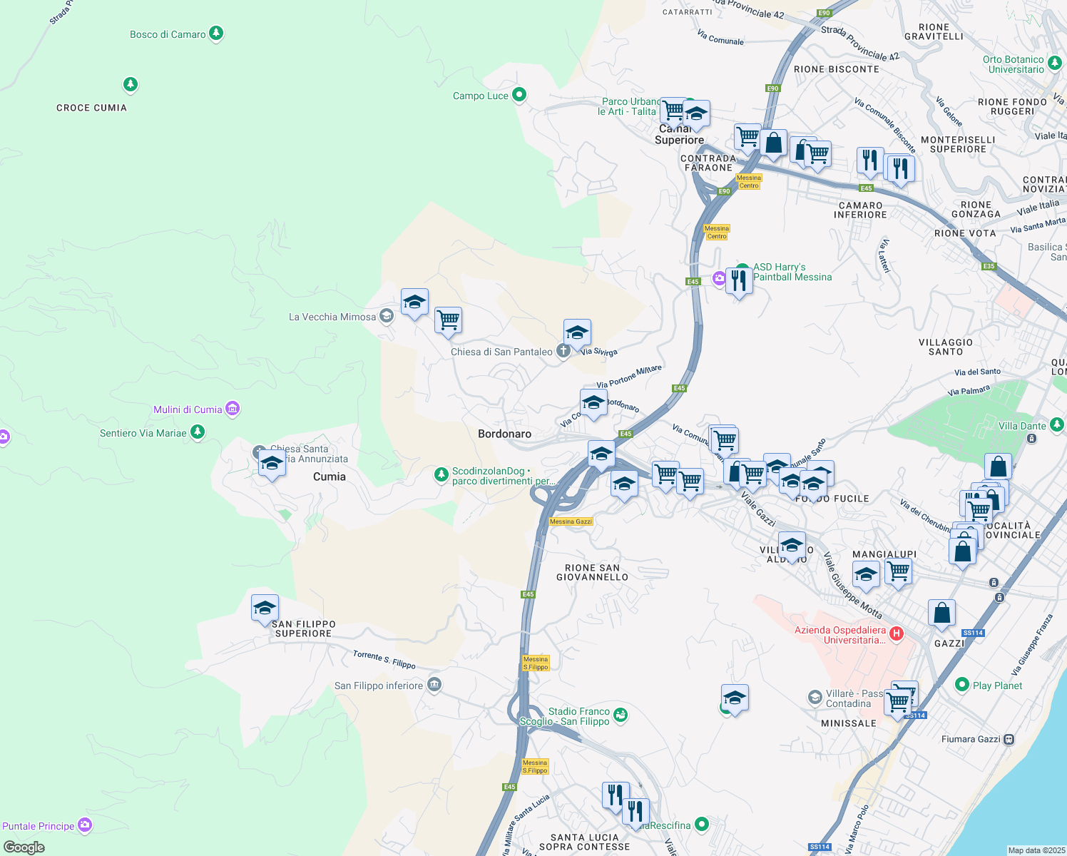 map of restaurants, bars, coffee shops, grocery stores, and more near 13 Viale Antonino Bertuccio in Messina