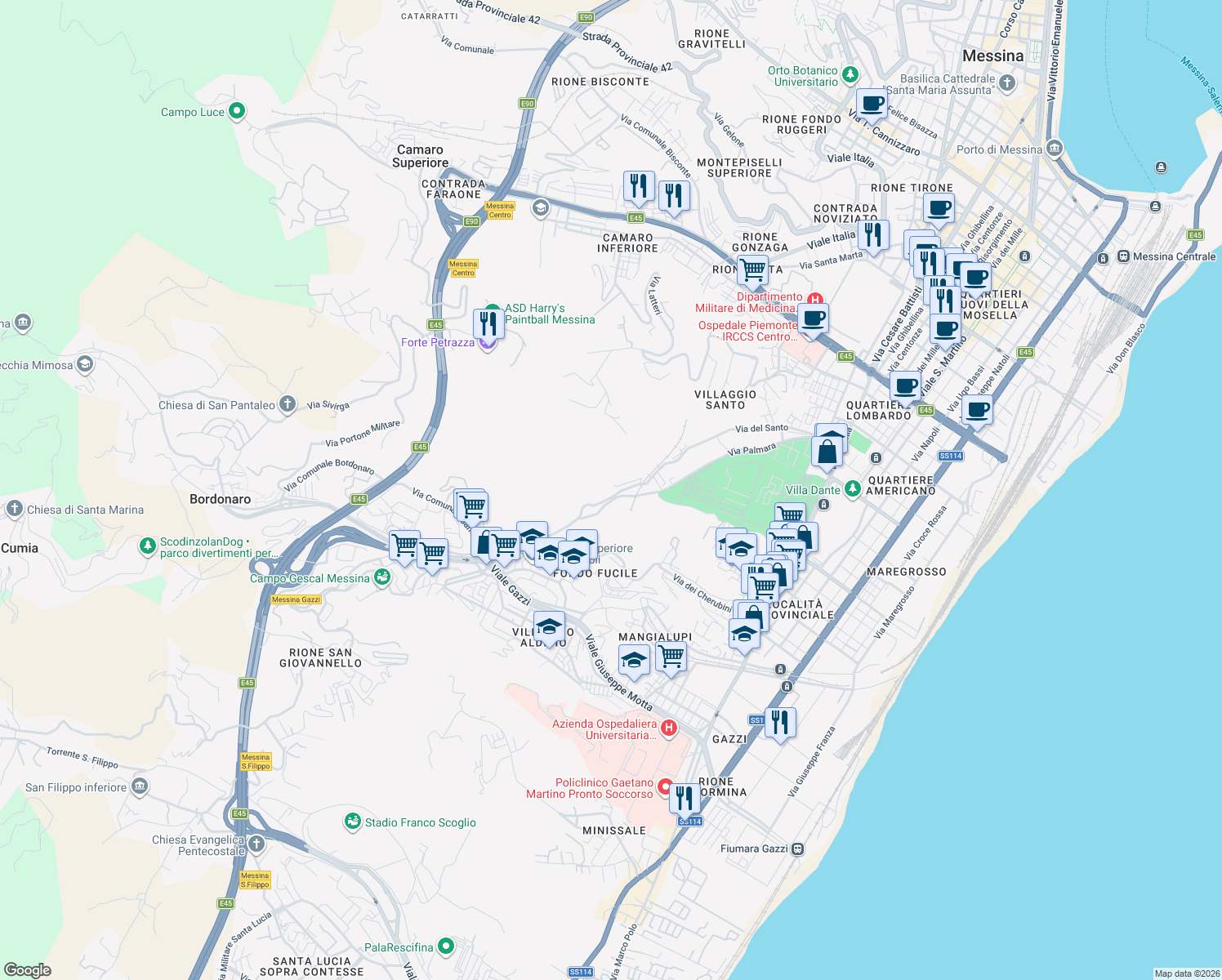 map of restaurants, bars, coffee shops, grocery stores, and more near 44 Via Comunale Santo in Messina