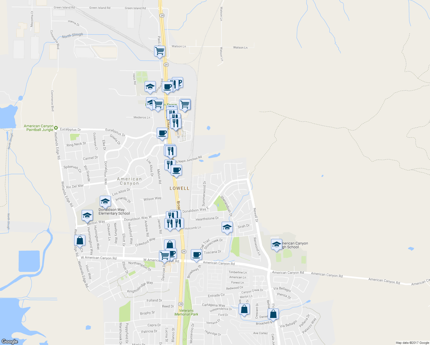 map of restaurants, bars, coffee shops, grocery stores, and more near 167 Terrazzo Lane in American Canyon