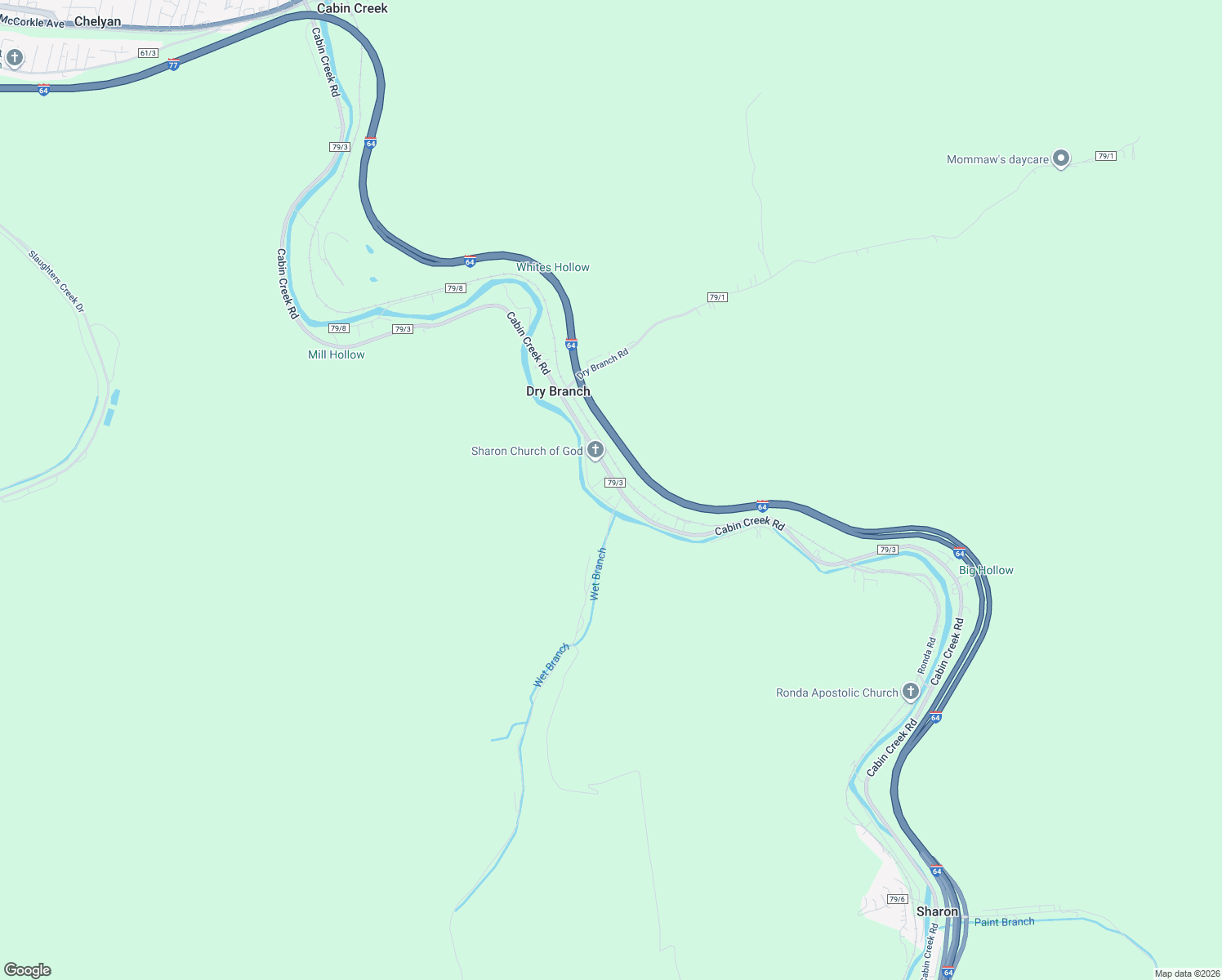 map of restaurants, bars, coffee shops, grocery stores, and more near 2221 Cabin Creek Road in Dry Branch