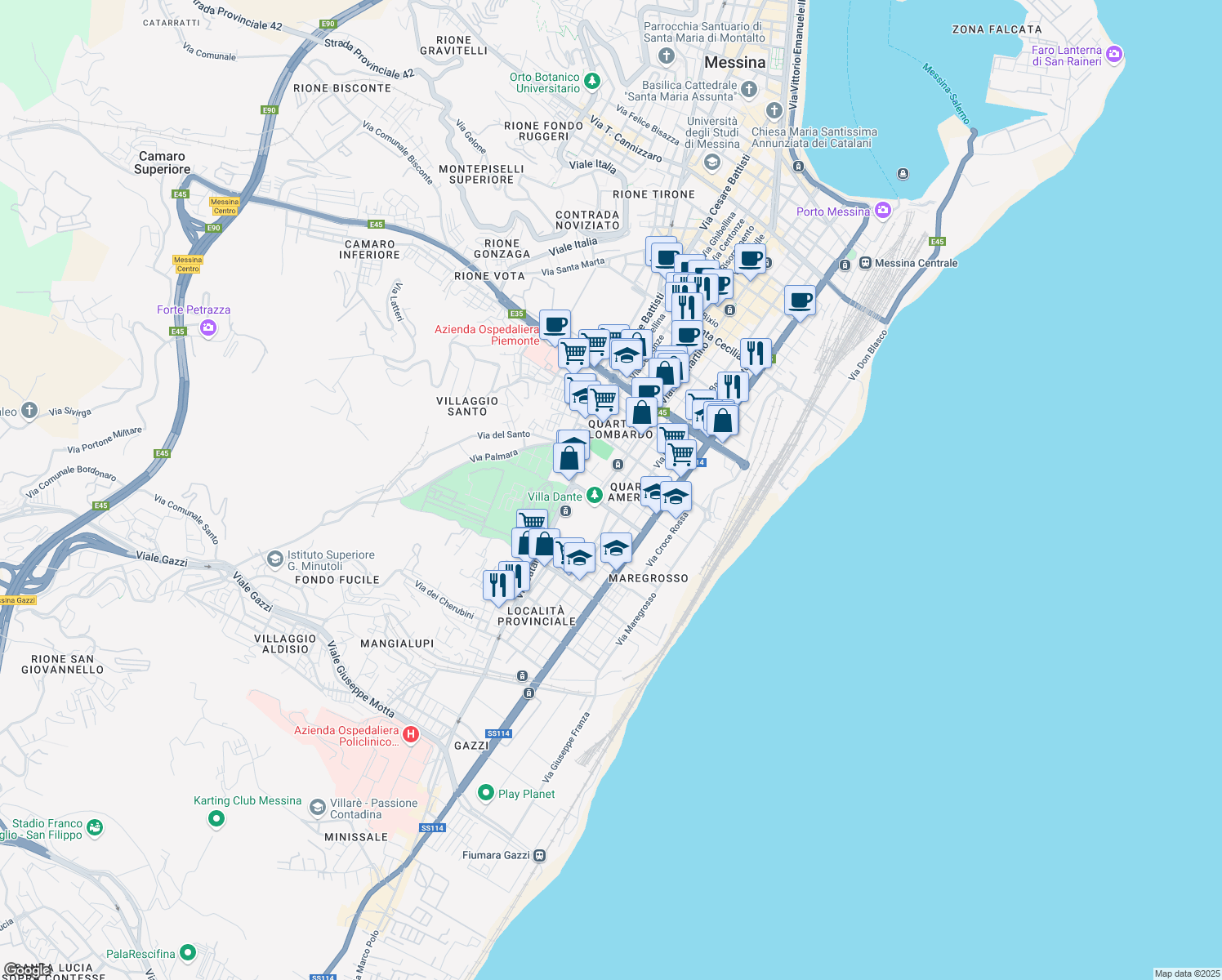 map of restaurants, bars, coffee shops, grocery stores, and more near 25 Via Roma in Messina