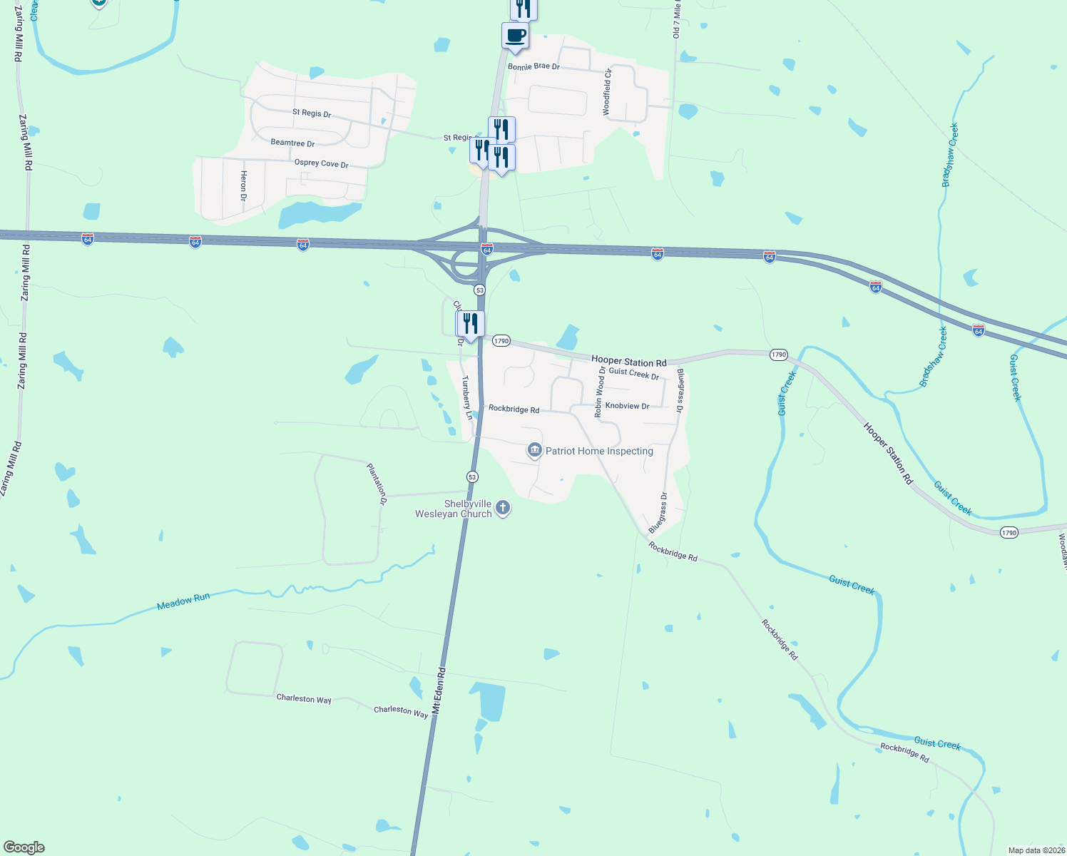map of restaurants, bars, coffee shops, grocery stores, and more near 308 Tipperary Crossing in Shelbyville