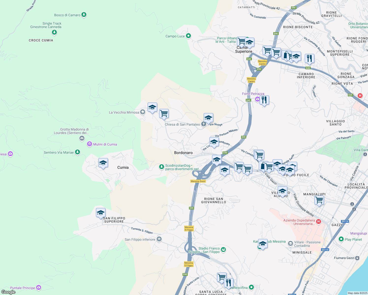 map of restaurants, bars, coffee shops, grocery stores, and more near 3 Via Cumia in Messina