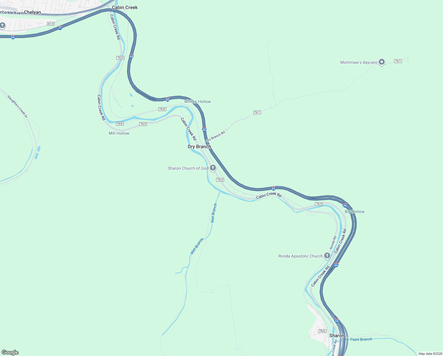 map of restaurants, bars, coffee shops, grocery stores, and more near 2221 Cabin Creek Road in Dry Branch