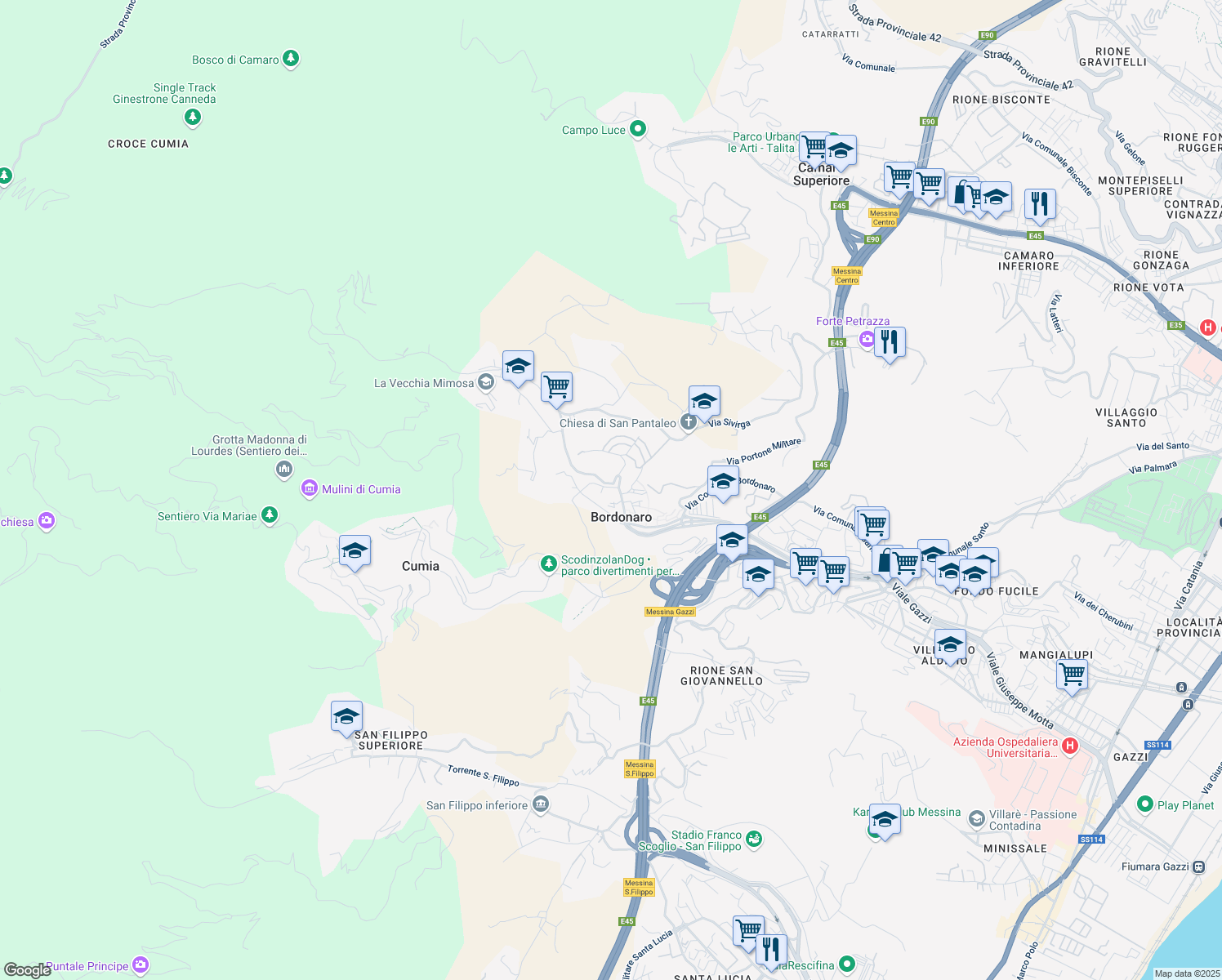 map of restaurants, bars, coffee shops, grocery stores, and more near 3 Via Cumia in Messina