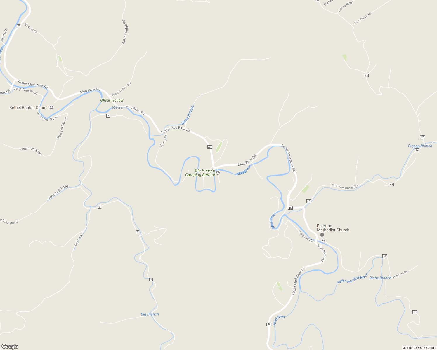 map of restaurants, bars, coffee shops, grocery stores, and more near Ole Henrys Lane in Branchland