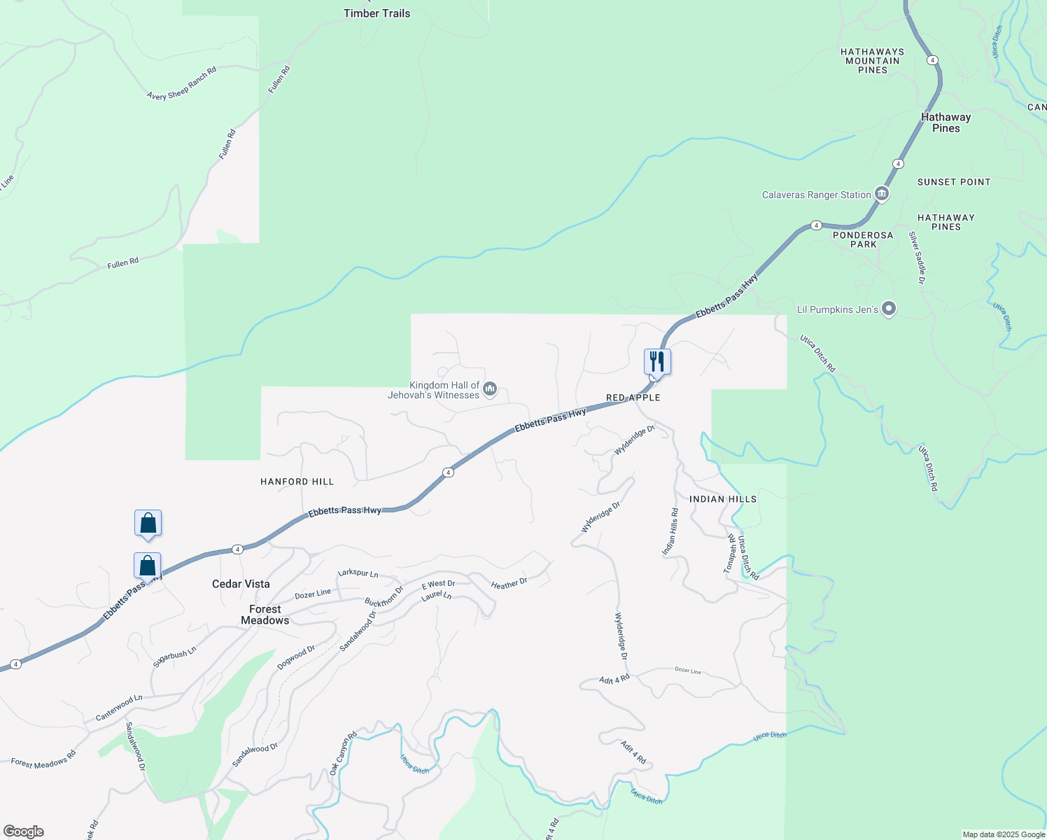 map of restaurants, bars, coffee shops, grocery stores, and more near 4597 Meadow View Road in Murphys