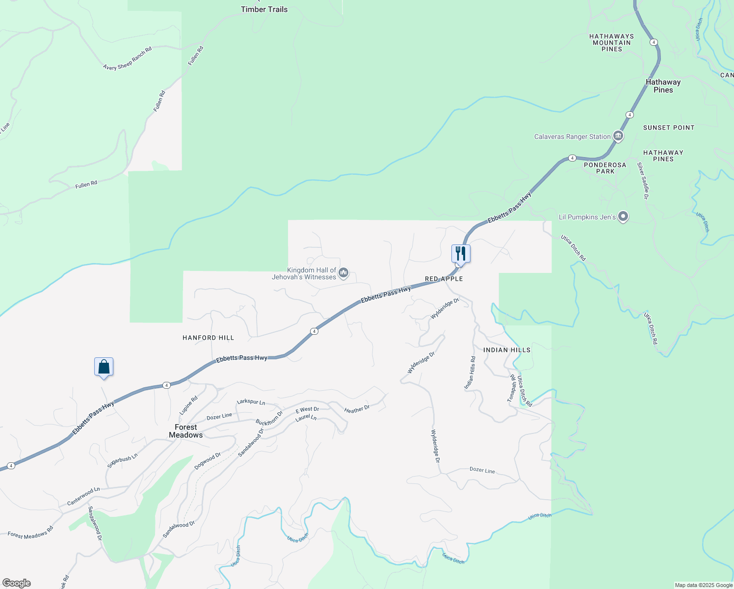 map of restaurants, bars, coffee shops, grocery stores, and more near 4597 Meadow View Road in Murphys