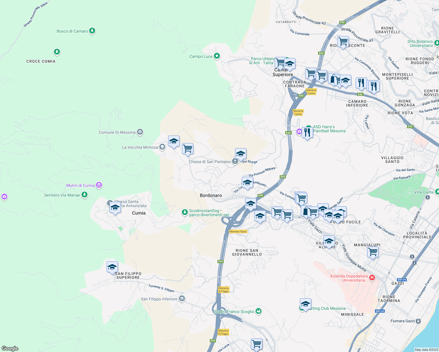 map of restaurants, bars, coffee shops, grocery stores, and more near Zona Urbana Bordonaro Inferiore in Messina