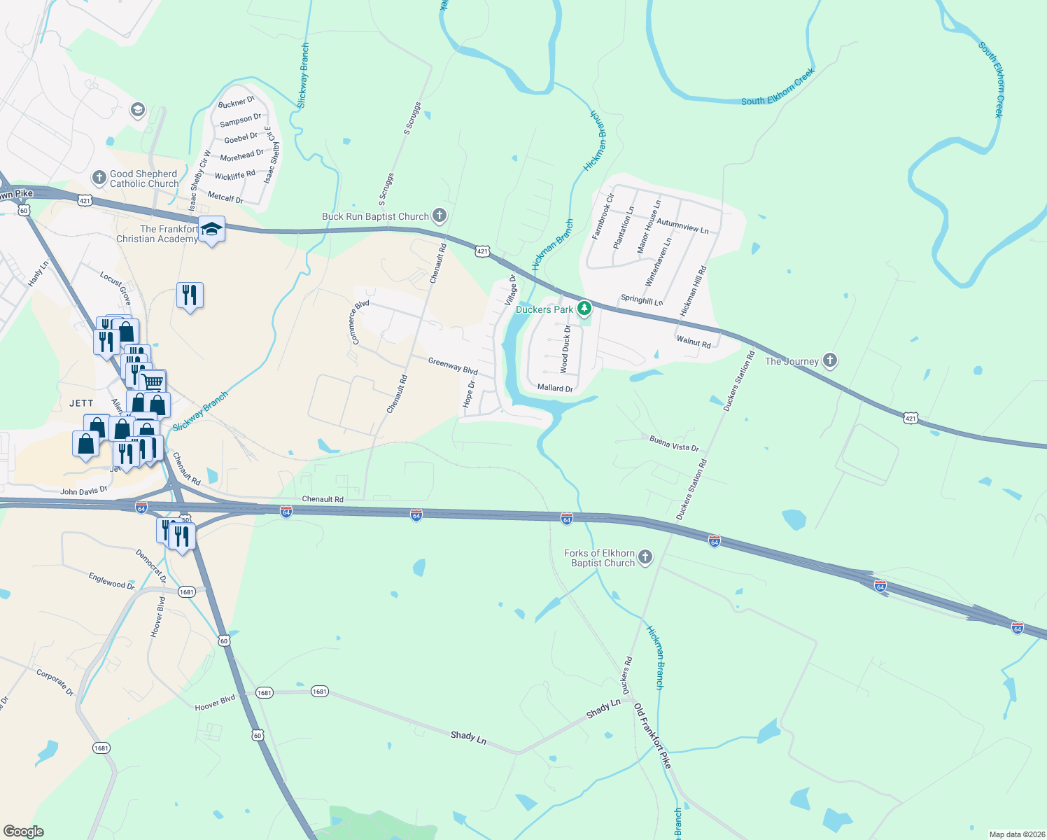map of restaurants, bars, coffee shops, grocery stores, and more near 427 Village Drive in Frankfort