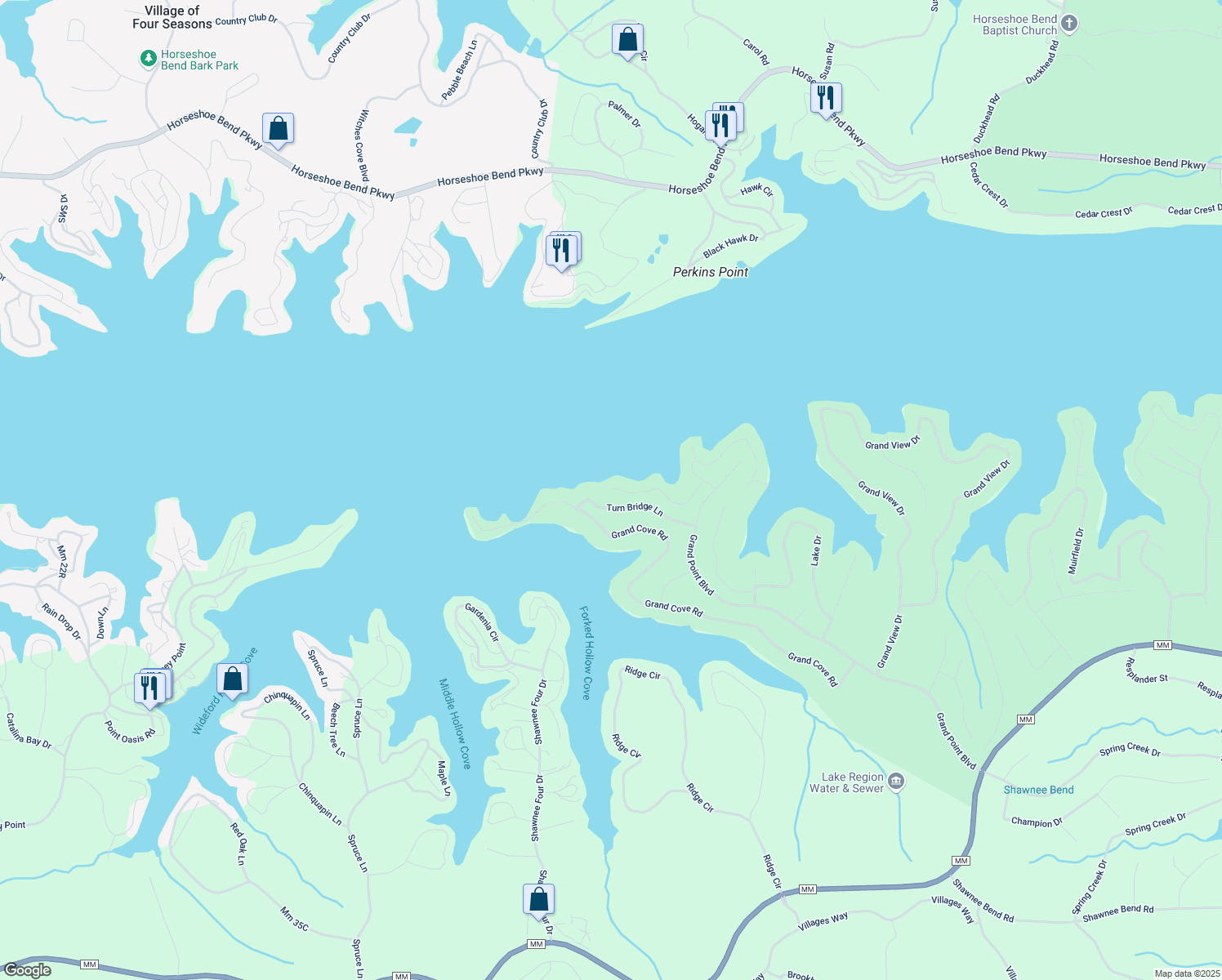 map of restaurants, bars, coffee shops, grocery stores, and more near 99 Turn Bridge Court in Sunrise Beach