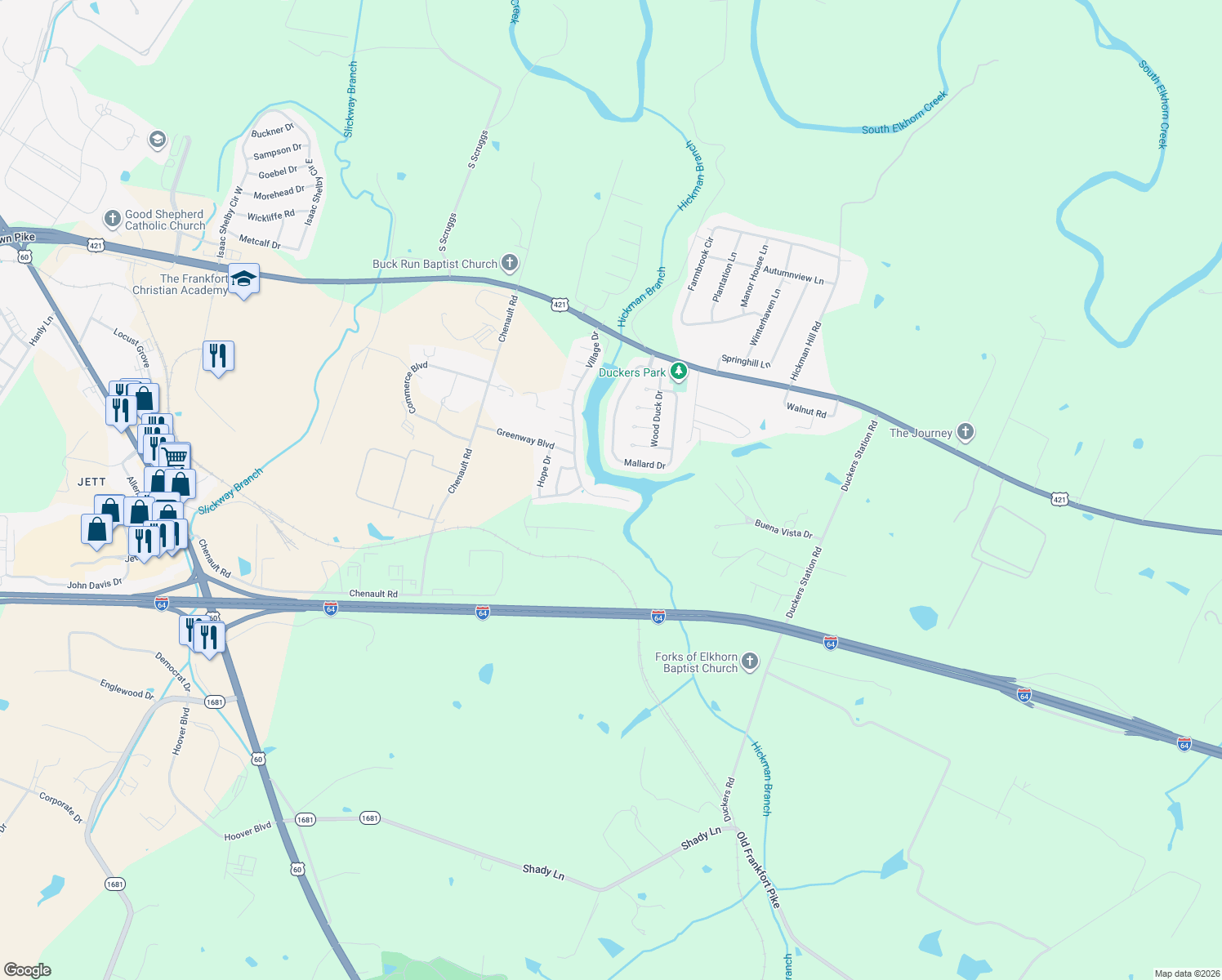 map of restaurants, bars, coffee shops, grocery stores, and more near 427 Village Drive in Frankfort