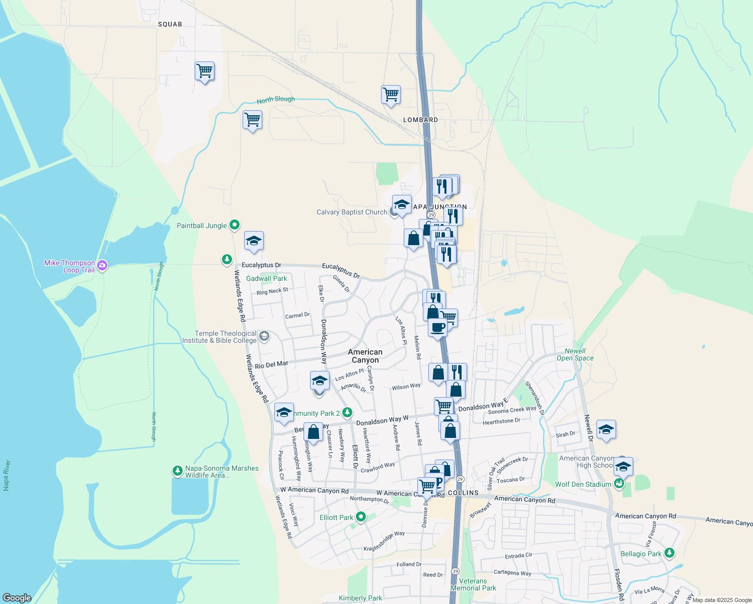 map of restaurants, bars, coffee shops, grocery stores, and more near 19 Flamingo Court in American Canyon