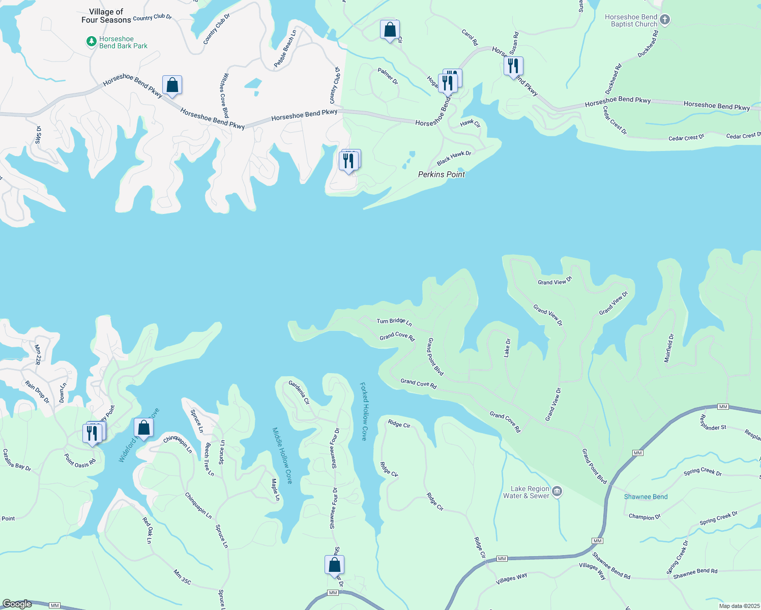 map of restaurants, bars, coffee shops, grocery stores, and more near 99 Turn Bridge Court in Sunrise Beach