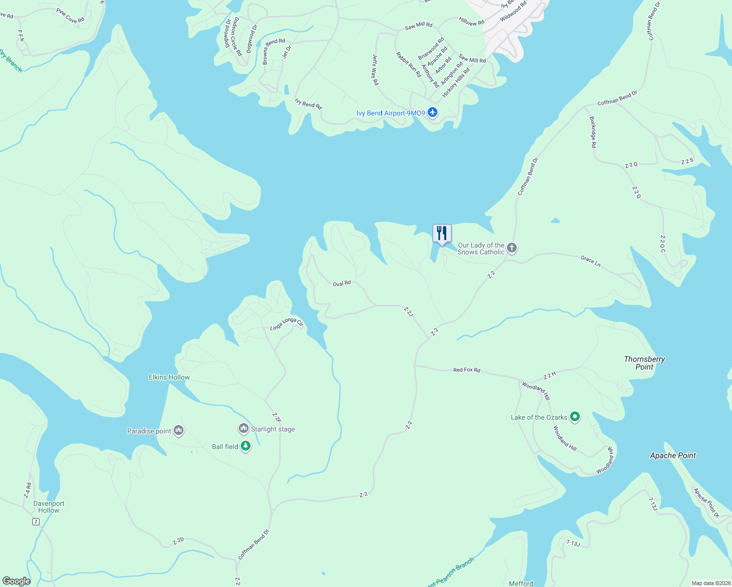 map of restaurants, bars, coffee shops, grocery stores, and more near 181 Coles Corner Road in Climax Springs