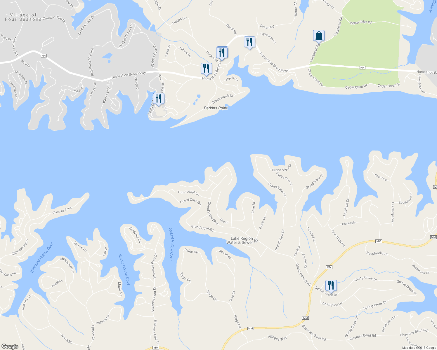 map of restaurants, bars, coffee shops, grocery stores, and more near 120 Waterford Terrace in Sunrise Beach