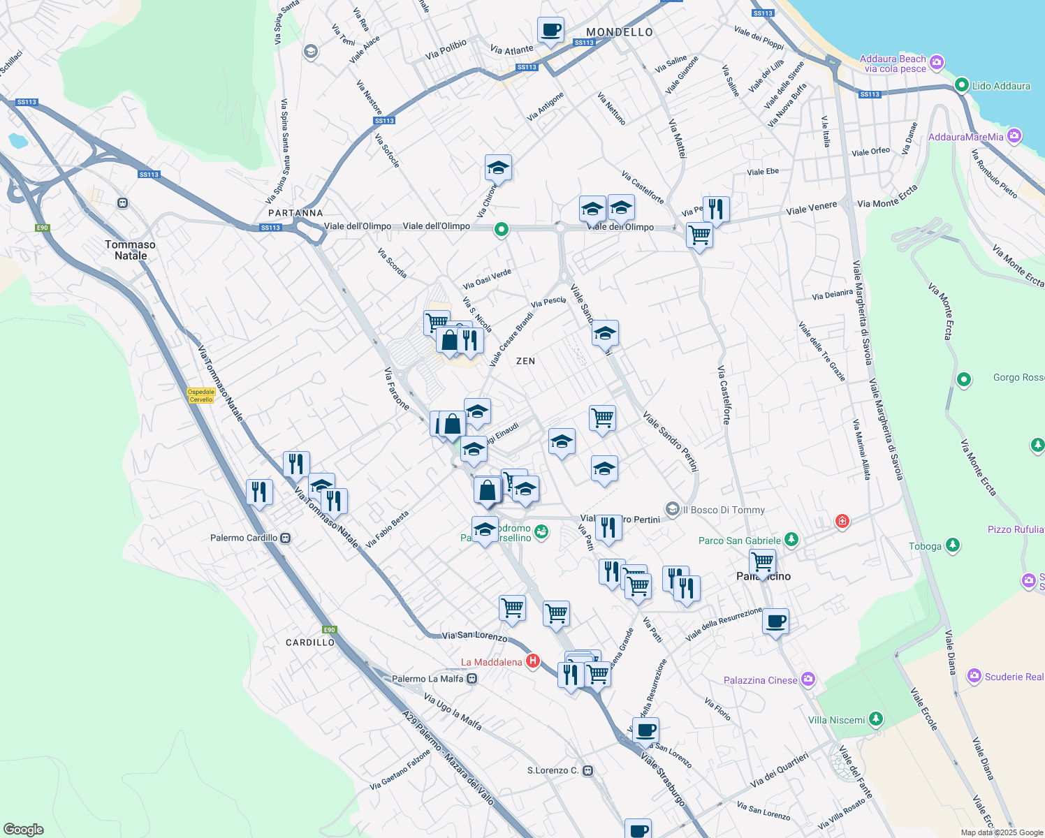 map of restaurants, bars, coffee shops, grocery stores, and more near 23 Via Luigi Einaudi in Palermo