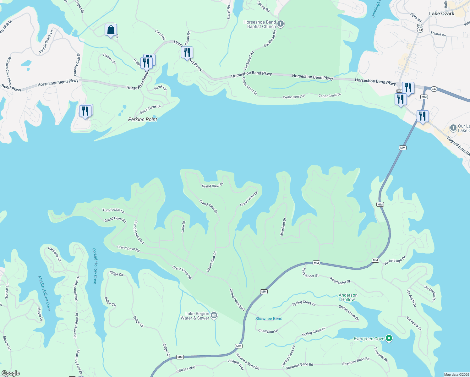 map of restaurants, bars, coffee shops, grocery stores, and more near 384 Grand View Drive in Sunrise Beach