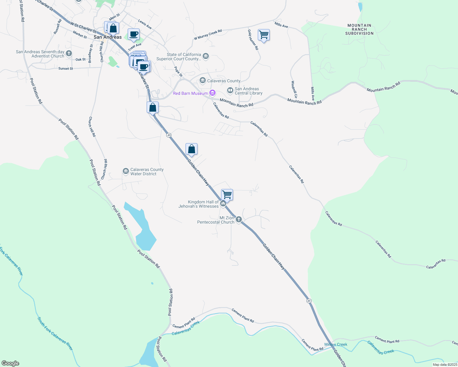 map of restaurants, bars, coffee shops, grocery stores, and more near 1391 Saddleback Drive in San Andreas
