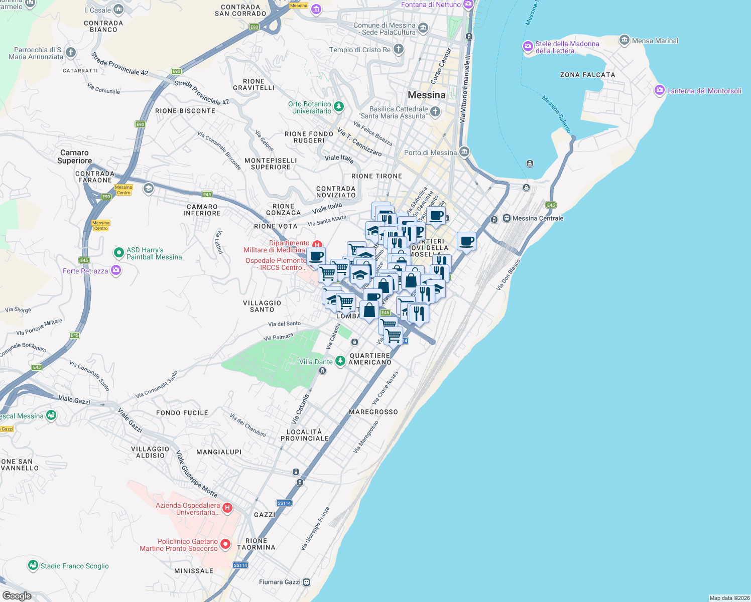 map of restaurants, bars, coffee shops, grocery stores, and more near 25 Via Trento in Messina