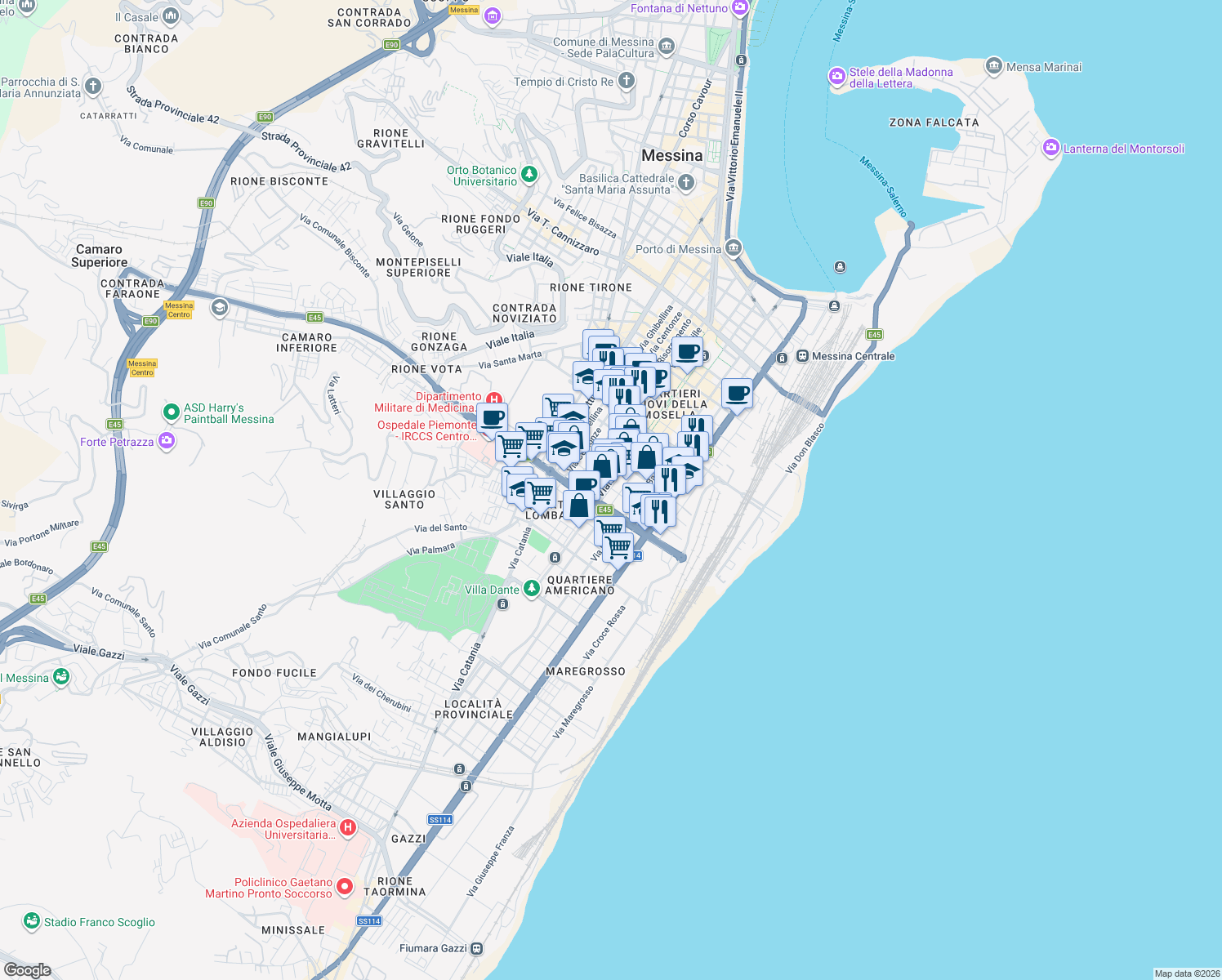 map of restaurants, bars, coffee shops, grocery stores, and more near 25 Via Trento in Messina