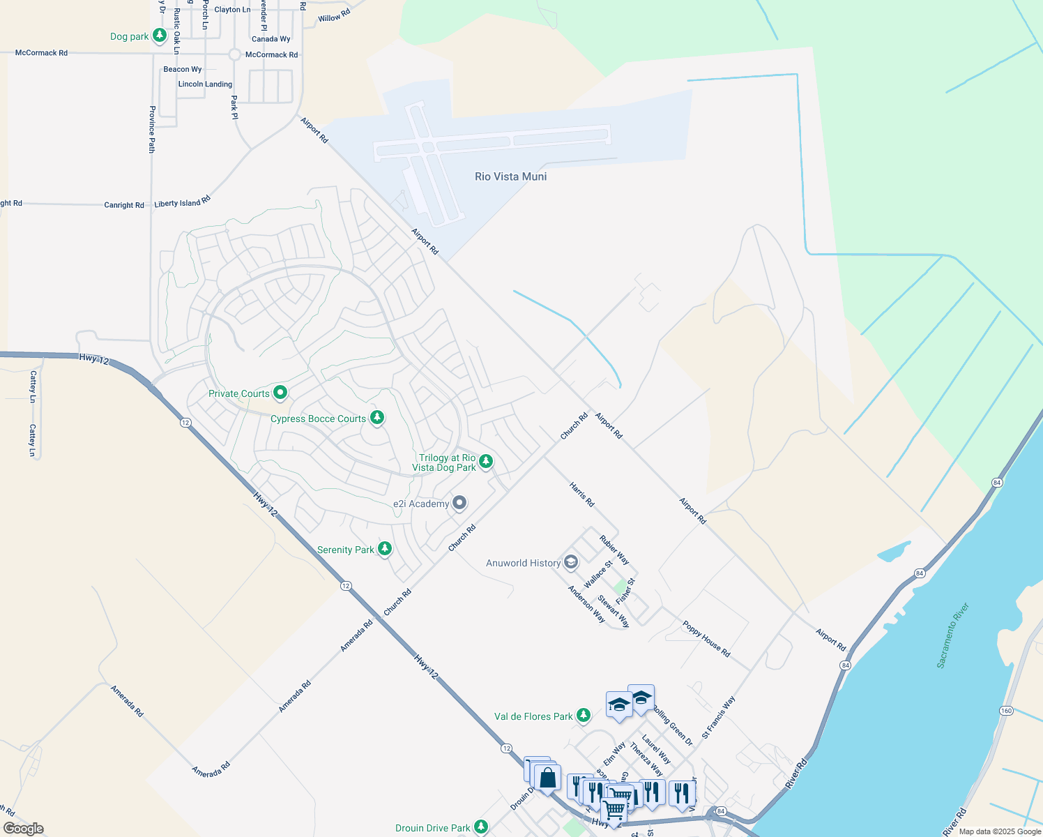 map of restaurants, bars, coffee shops, grocery stores, and more near 422 Saddle Rock Lane in Rio Vista