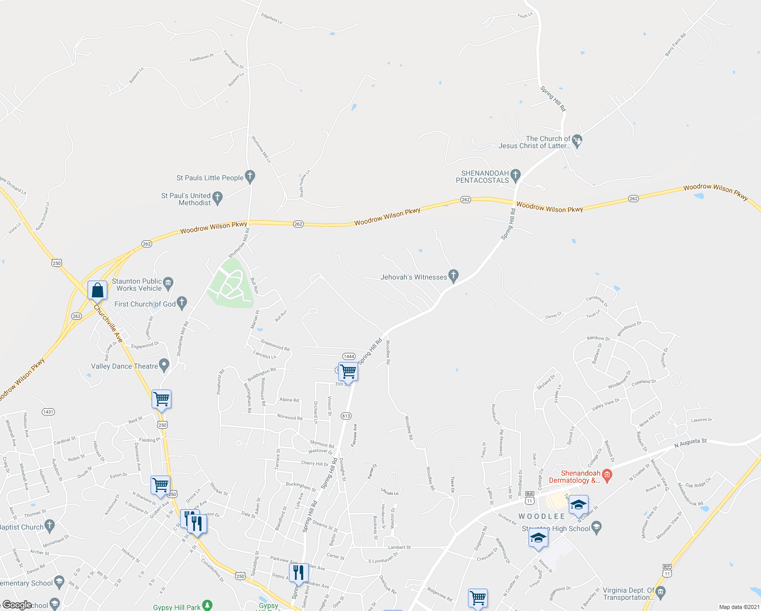 map of restaurants, bars, coffee shops, grocery stores, and more near 1838 Spring Hill Road in Staunton