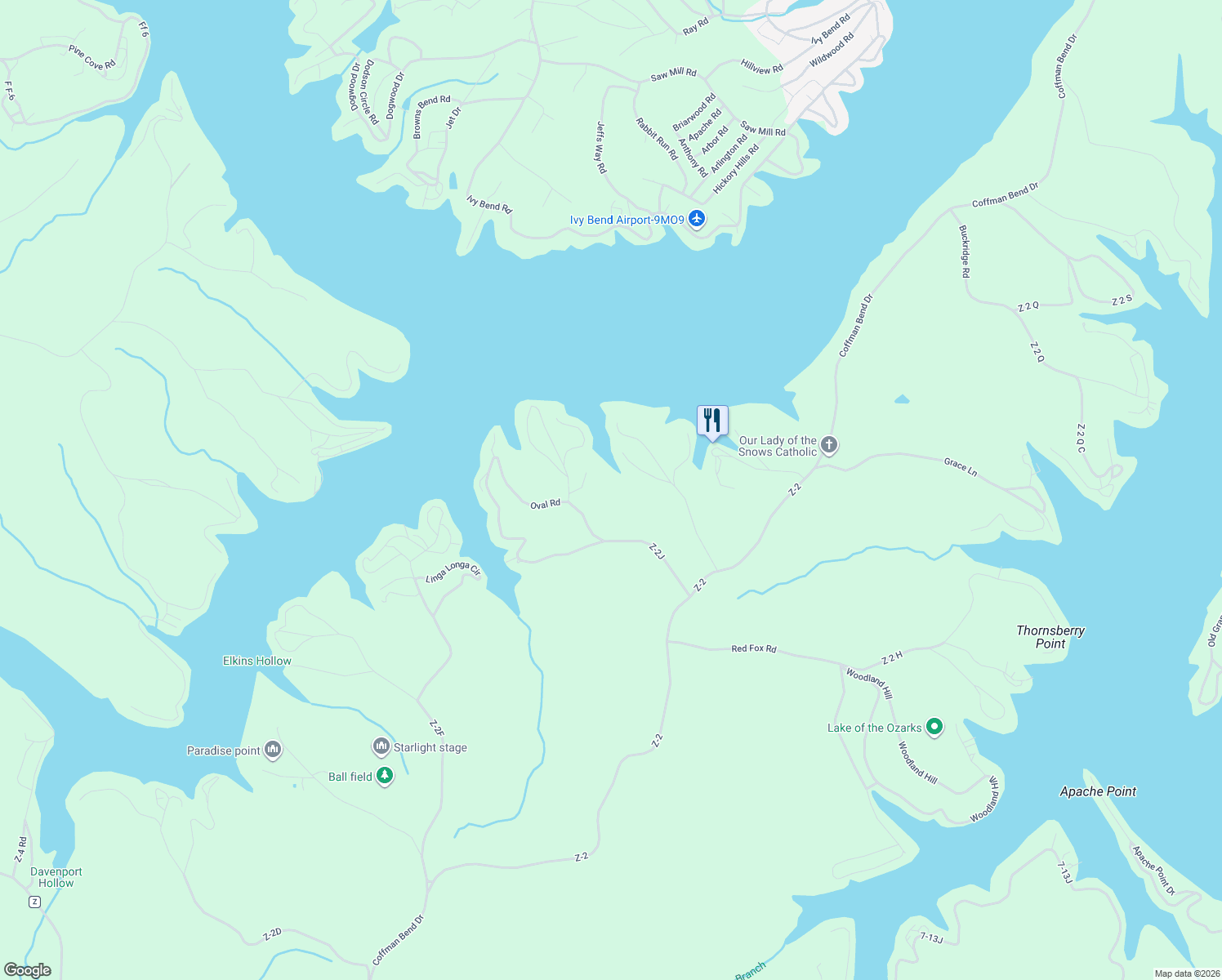 map of restaurants, bars, coffee shops, grocery stores, and more near 181 Coles Corner Road in Climax Springs