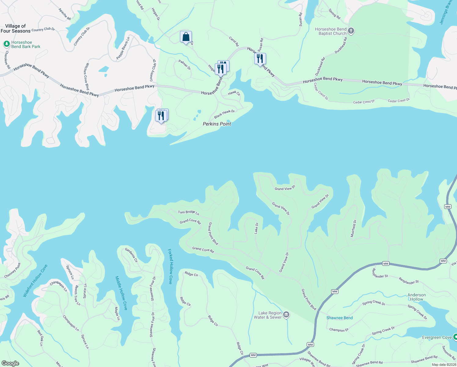 map of restaurants, bars, coffee shops, grocery stores, and more near 120-198 Waterford Terrace in Sunrise Beach