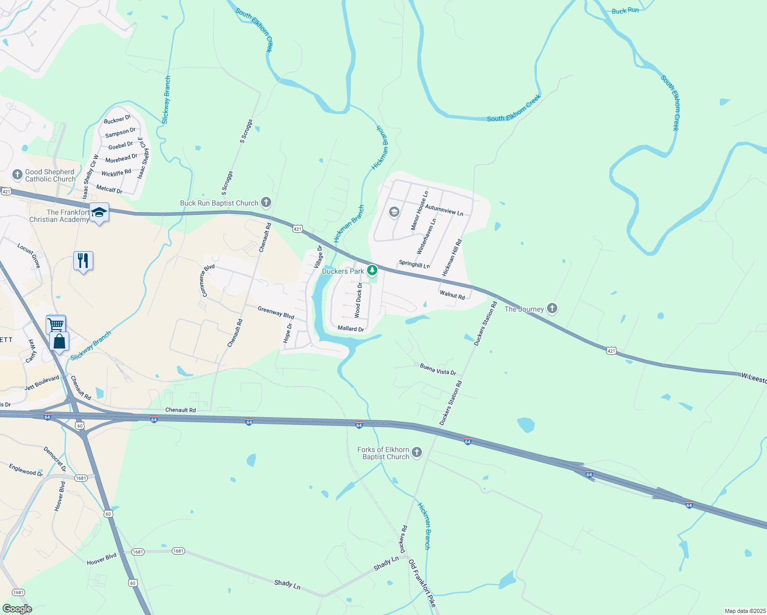 map of restaurants, bars, coffee shops, grocery stores, and more near 205 Hogan Drive in Frankfort