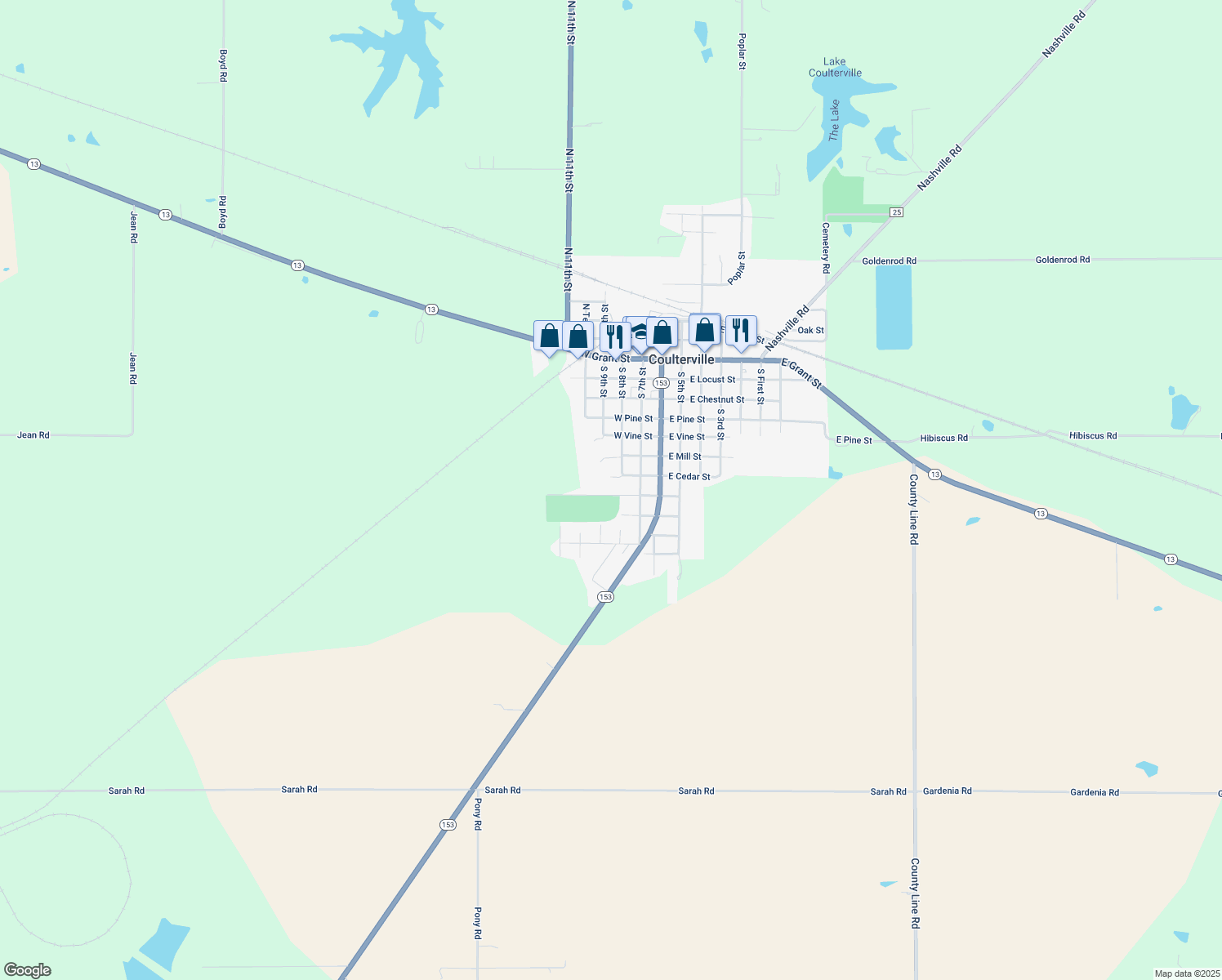 map of restaurants, bars, coffee shops, grocery stores, and more near 307 King Street in Coulterville