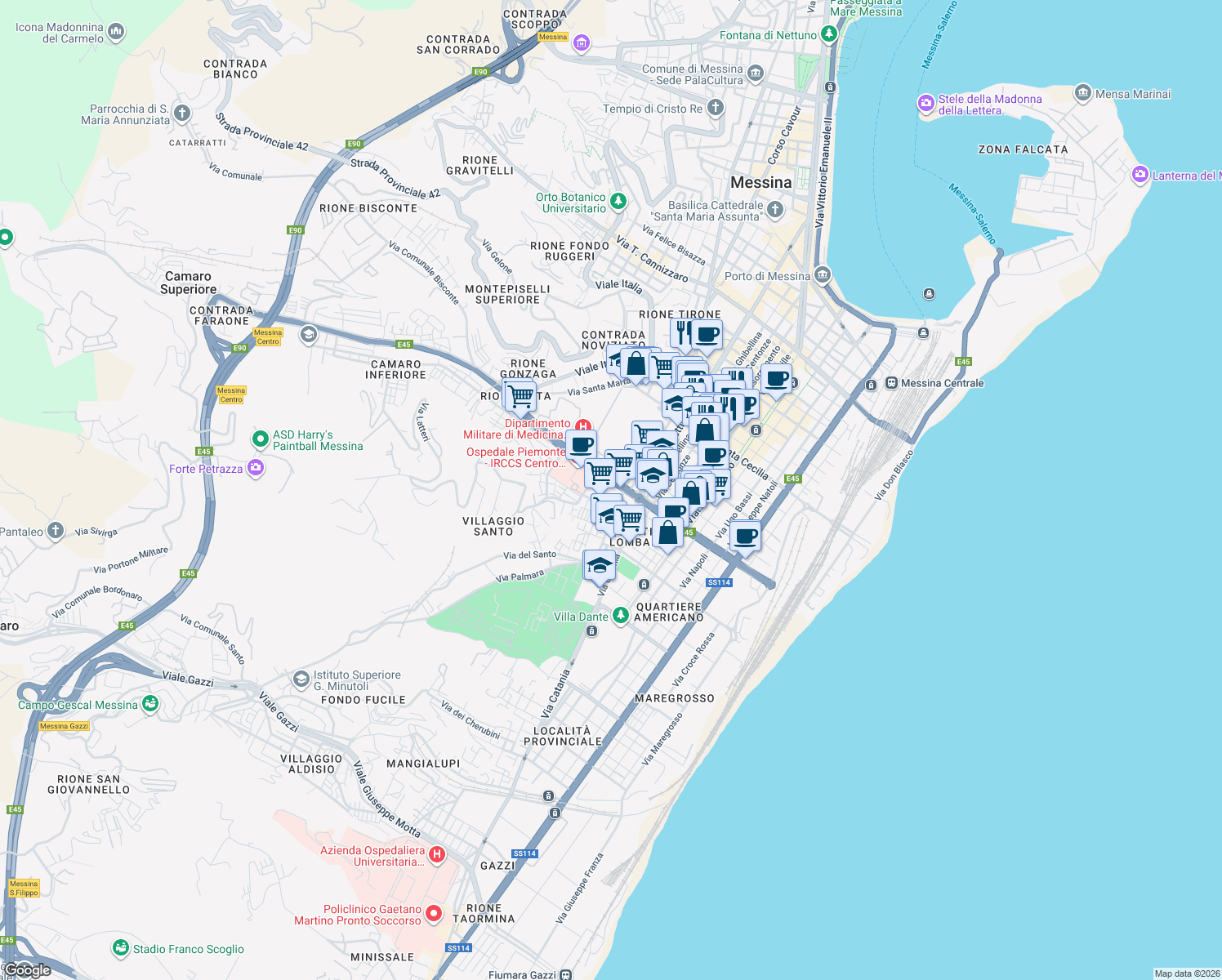 map of restaurants, bars, coffee shops, grocery stores, and more near Via Sicilia in Messina