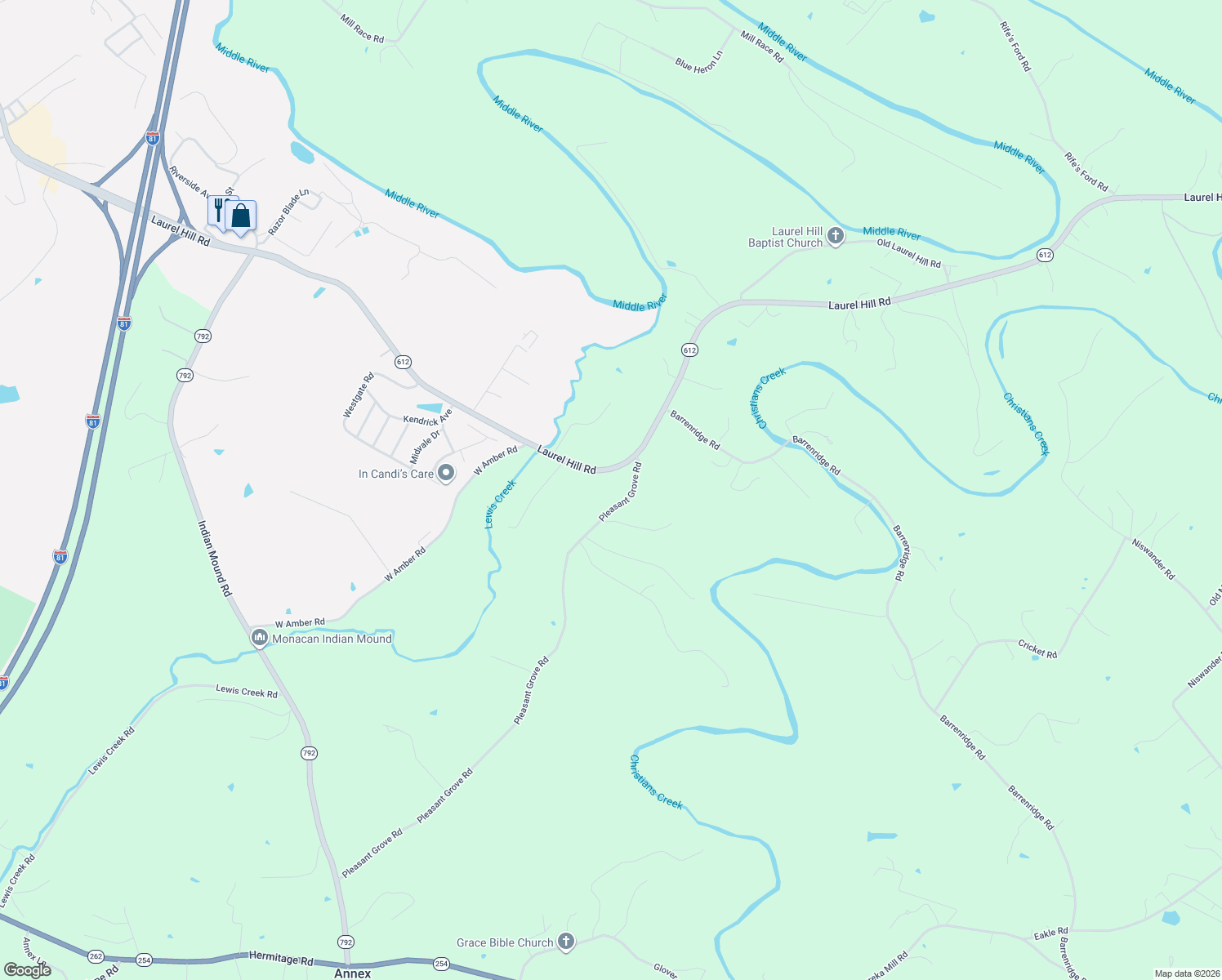map of restaurants, bars, coffee shops, grocery stores, and more near 574 Pleasant Grove Road in Staunton
