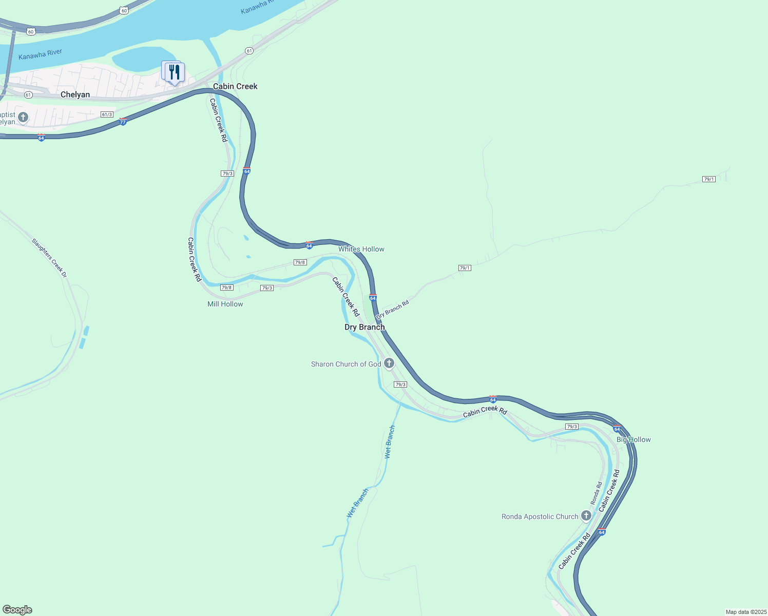 map of restaurants, bars, coffee shops, grocery stores, and more near 30 Mox Drive in Kanawha County