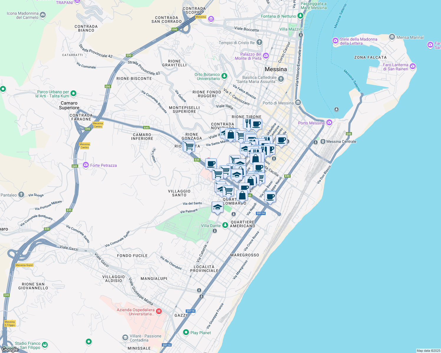 map of restaurants, bars, coffee shops, grocery stores, and more near Via Sicilia in Messina