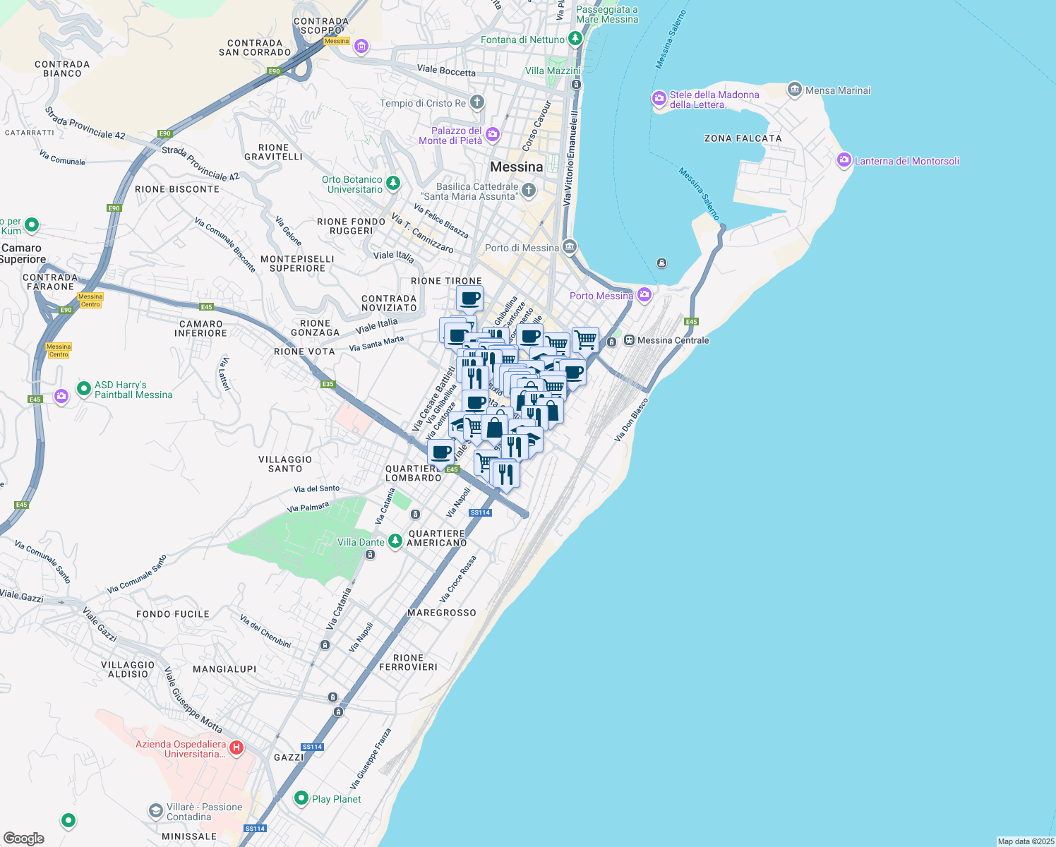 map of restaurants, bars, coffee shops, grocery stores, and more near 101 Via Giuseppe Natoli in Messina