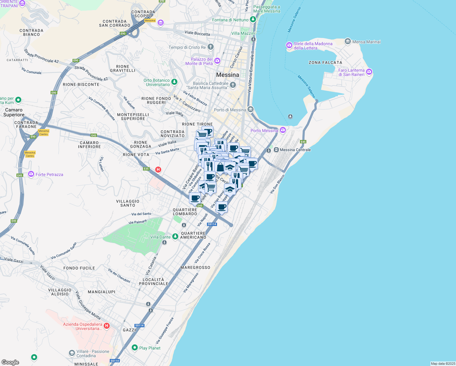 map of restaurants, bars, coffee shops, grocery stores, and more near 210 Via dei Mille in Messina