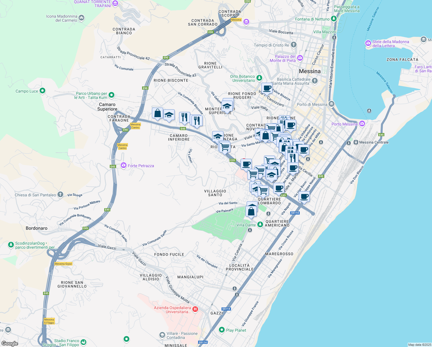map of restaurants, bars, coffee shops, grocery stores, and more near E13 Salita Montesanto Contrada Petrazza in Messina