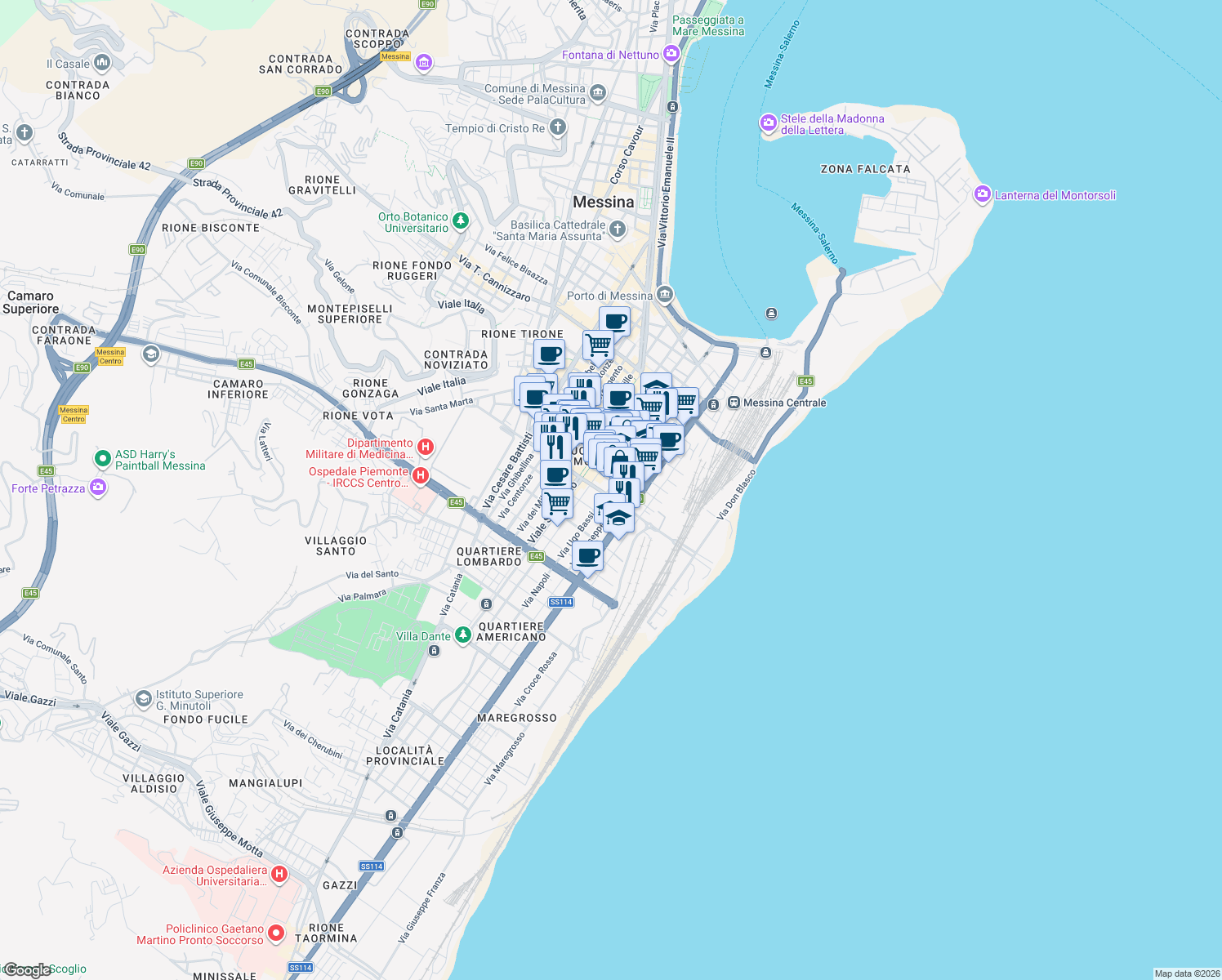 map of restaurants, bars, coffee shops, grocery stores, and more near 126 Via Ugo Bassi in Messina
