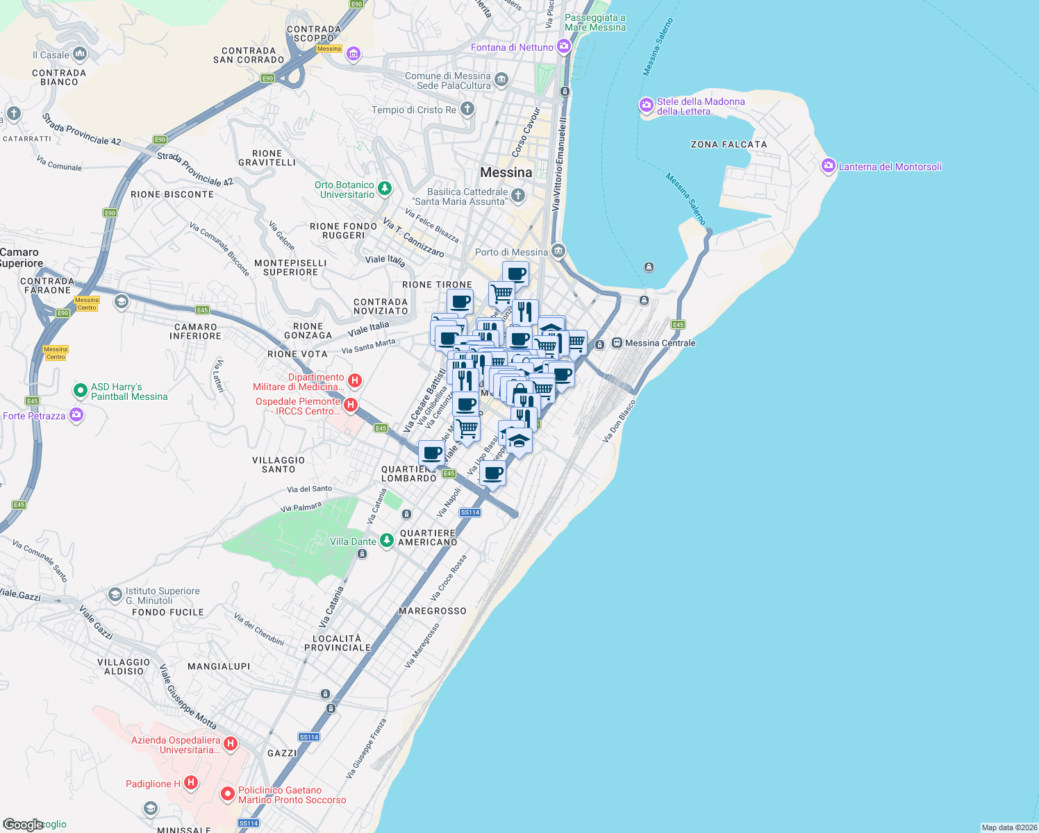 map of restaurants, bars, coffee shops, grocery stores, and more near 126 Via Ugo Bassi in Messina