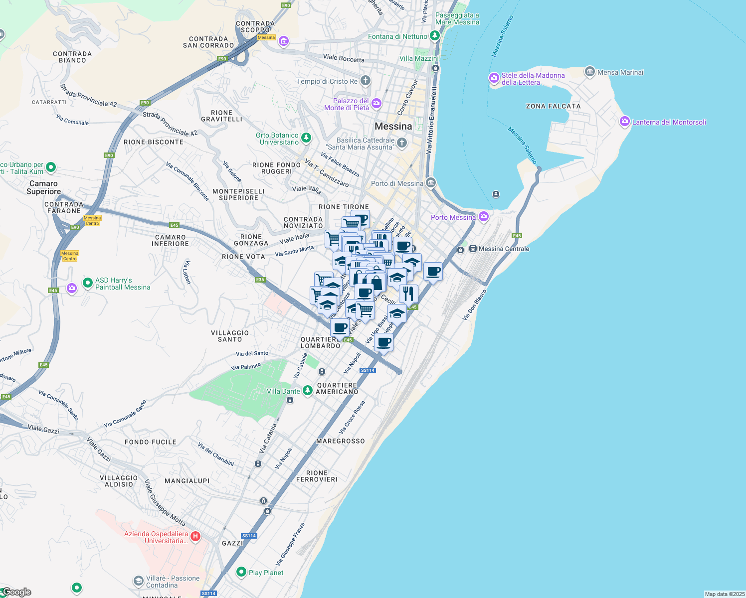 map of restaurants, bars, coffee shops, grocery stores, and more near 99 Via Nino Bixio in Messina