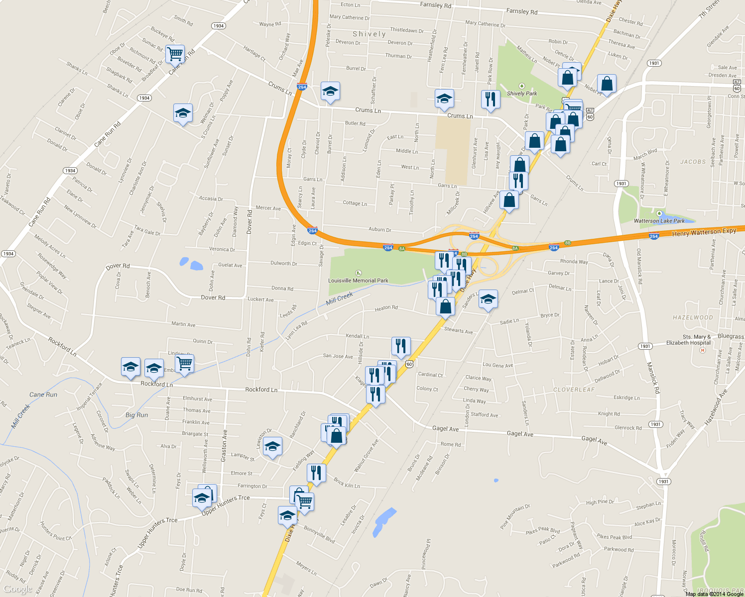 map of restaurants, bars, coffee shops, grocery stores, and more near 1858 Lynn Lea Road in Louisville